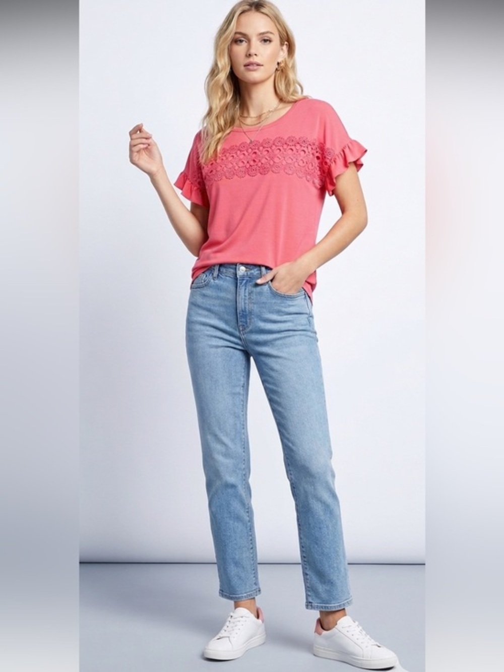 New Love Scarlett Pink & Lace Crewneck Ruffle Short Sleeve Top